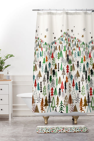 Ninola Design Christmas pines forest Red green Shower Curtain And Mat