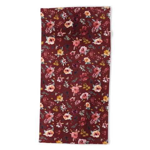 Ninola Design Countryside Floral Dark Red Beach Towel