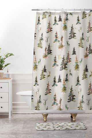 Ninola Design Deers and trees forest Beige Shower Curtain And Mat