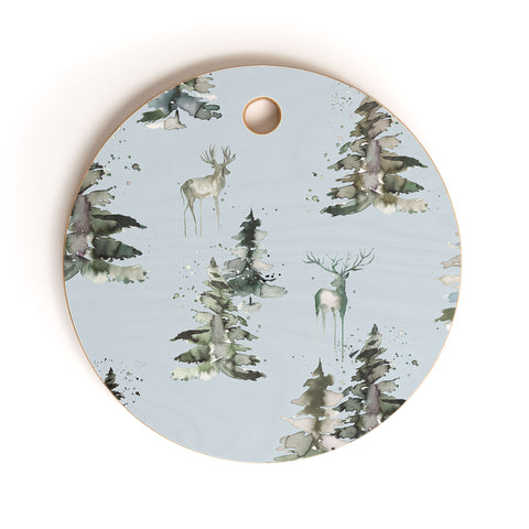 Ninola Design Deers and trees forest Blue Cutting Board Round