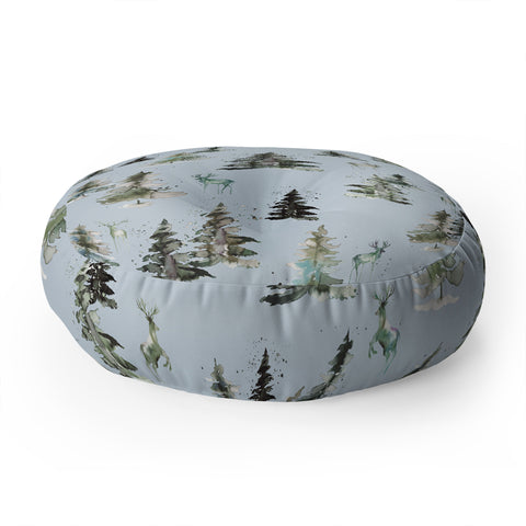 Ninola Design Deers and trees forest Blue Floor Pillow Round