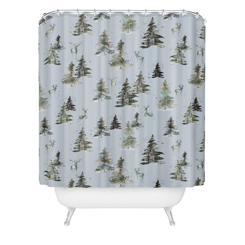 Ninola Design Deers and trees forest Blue Shower Curtain