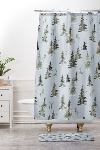 Ninola Design Deers and trees forest Blue Shower Curtain And Mat