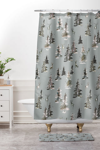 Ninola Design Deers and trees forest Gray Shower Curtain And Mat