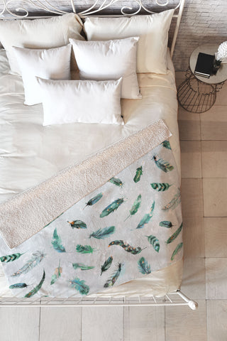 Ninola Design Delicate feathers soft green Fleece Throw Blanket