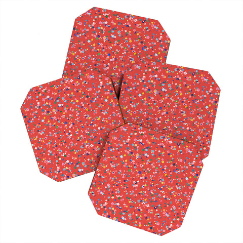 Ninola Design Ditsy modern flowers Red Coaster Set