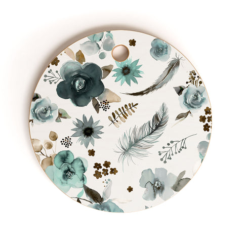 Ninola Design Feathers and flowers Romance Aqua Gold Cutting Board Round