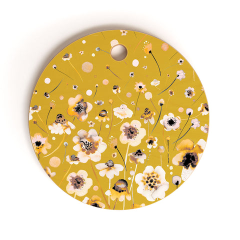 Ninola Design Ink flowers Mustard Cutting Board Round