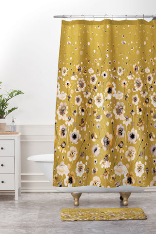 Ninola Design Ink flowers Mustard Shower Curtain And Mat