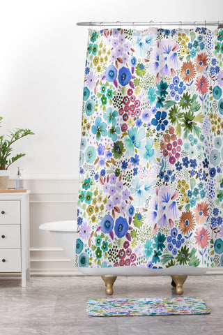 Ninola Design Little expressive flowers Blue Shower Curtain And Mat