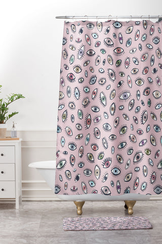 Ninola Design Looking eyes Pink Shower Curtain And Mat