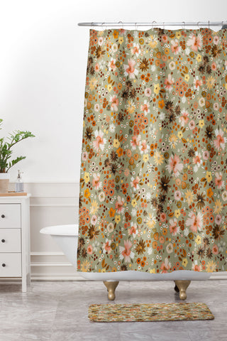 Ninola Design Millefleurs Fall Sage Green Shower Curtain And Mat