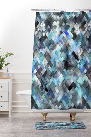 Ninola Design Moody Geometry Blue Sea Shower Curtain And Mat
