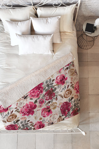 Ninola Design Peonies Roses Holiday flo Fleece Throw Blanket