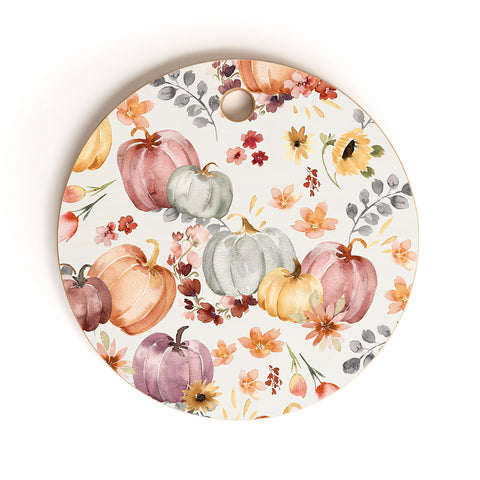 Ninola Design Pumpkins Fall Floral Ecru Cutting Board Round