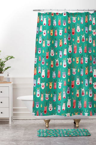 Ninola Design Rudolph reindeers green Shower Curtain And Mat