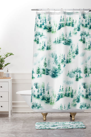 Ninola Design Snow Winter Trees Green Shower Curtain And Mat