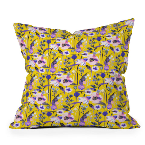 Ninola Design Spring poppies and daisies flowers mustard Throw Pillow