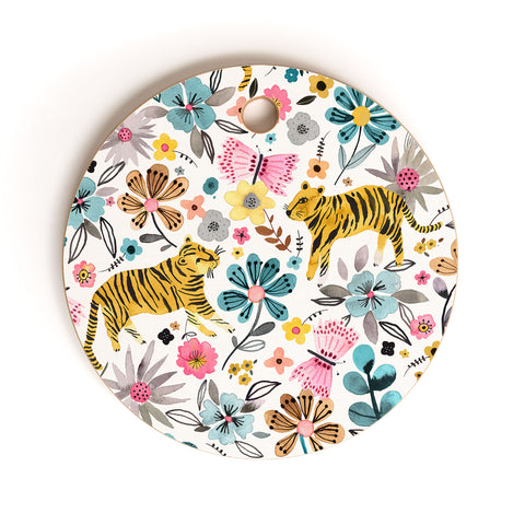 Ninola Design Spring Tigers and Flowers Cutting Board Round