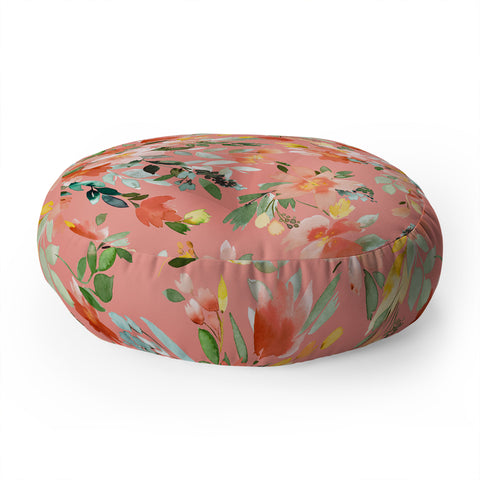 Ninola Design Summer Oleander Floral Coral Floor Pillow Round