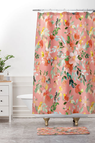 Ninola Design Summer Oleander Floral Coral Shower Curtain And Mat