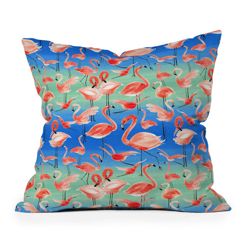 Ninola Design Summer pink flamingo birds Throw Pillow