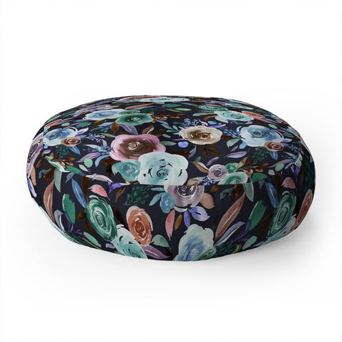 Ninola Design Sweet Romance Flowers Navy Floor Pillow Round