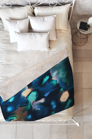 Ninola Design Textural Abstract Watercolor Blue Fleece Throw Blanket