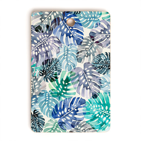 Ninola Design Tropical Jungle Leaves Blue Cutting Board Rectangle