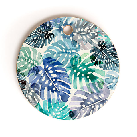 Ninola Design Tropical Jungle Leaves Blue Cutting Board Round