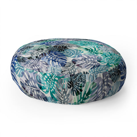 Ninola Design Tropical Jungle Leaves Blue Floor Pillow Round