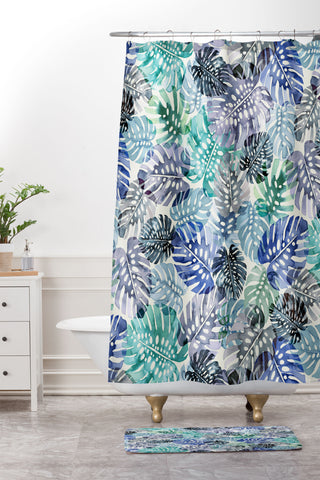 Ninola Design Tropical Jungle Leaves Blue Shower Curtain And Mat