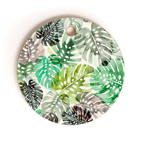 Ninola Design Tropical Jungle Monstera Leaves Green Cutting Board Round