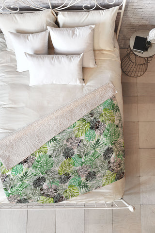 Ninola Design Tropical Jungle Monstera Leaves Green Fleece Throw Blanket