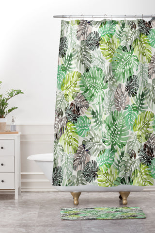 Ninola Design Tropical Jungle Monstera Leaves Green Shower Curtain And Mat