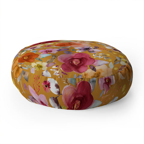 Ninola Design Watercolor flowers bouquet Mustard Floor Pillow Round