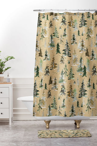 Ninola Design Watercolor Pines Spruces Beige Shower Curtain And Mat