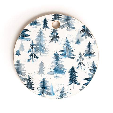 Ninola Design Watercolor Pines Spruces Blue Cutting Board Round