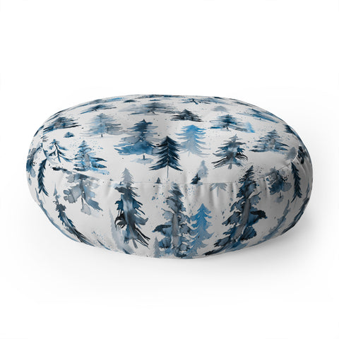Ninola Design Watercolor Pines Spruces Blue Floor Pillow Round