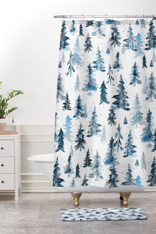 Ninola Design Watercolor Pines Spruces Blue Shower Curtain And Mat