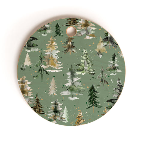 Ninola Design Watercolor Pines Spruces Green Cutting Board Round