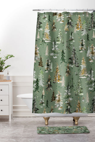 Ninola Design Watercolor Pines Spruces Green Shower Curtain And Mat
