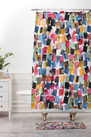 Ninola Design Watercolor plaids Multi Shower Curtain And Mat