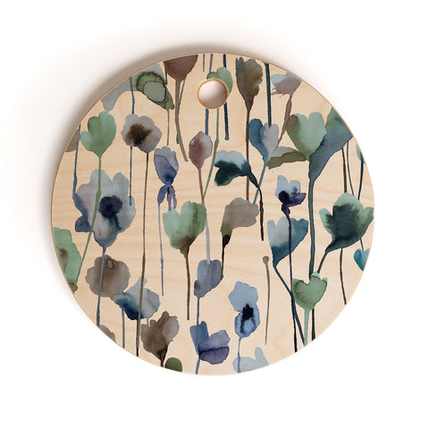 Ninola Design Watery Abstract Flowers Blue Cutting Board Round