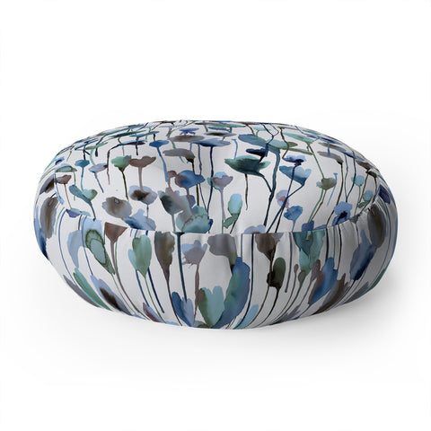 Ninola Design Watery Abstract Flowers Blue Floor Pillow Round