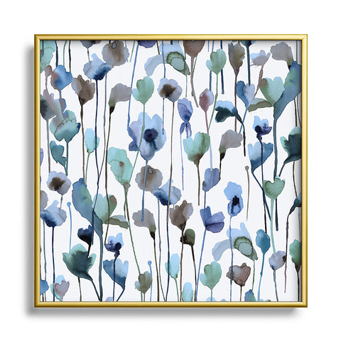 Ninola Design Watery Abstract Flowers Blue Square Metal Framed Art Print