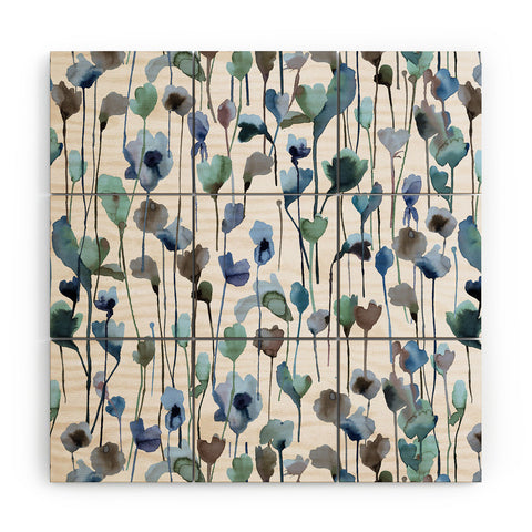 Ninola Design Watery Abstract Flowers Blue Wood Wall Mural