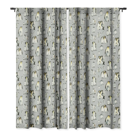 Ninola Design Winter Cute Penguins Gray Blackout Window Curtain