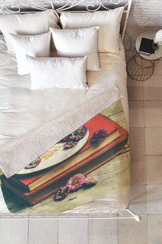 Olivia St Claire Old Books and Asters Fleece Throw Blanket