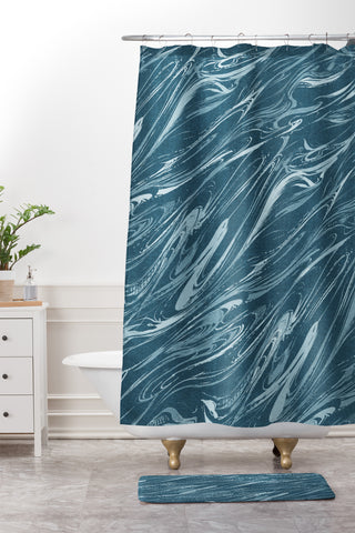 Pattern State Marble Indigo Linen Shower Curtain And Mat